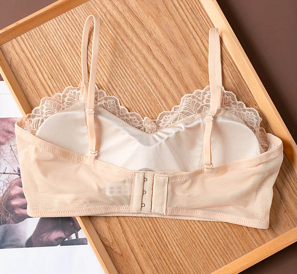 Lace Bralette Bra for Women 19 Momme Mulberry Silk No Underwire Wireless Full Coverage Lightly Lined Adjustable Skinny Strap