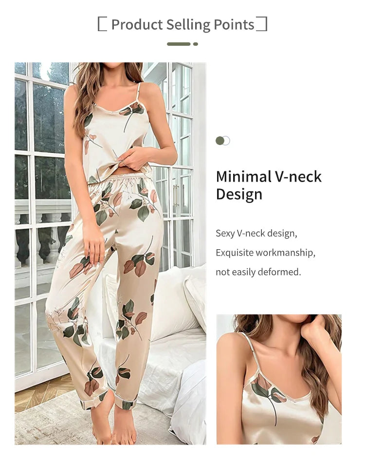 2026 Women's Elegant Leaf Print Satin Pajama Set V Neck Cami Top and Elastic Pants for Comfortable Sleep and Lounging Sleepwear
