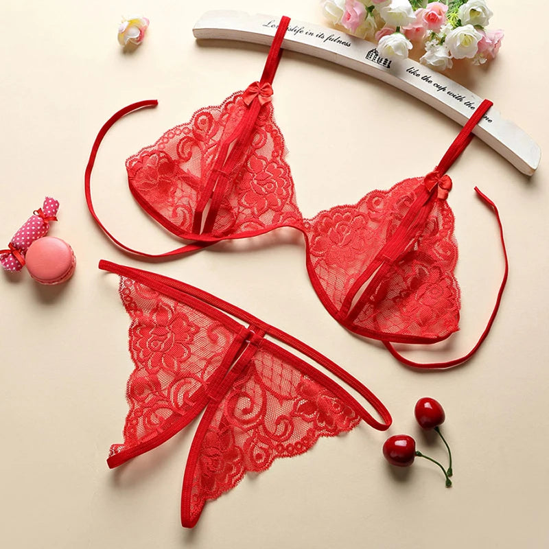 Women Two Piece Set Lingerie Black Open Crotch Underwear Suits Lace Bra Set Porn Sexy Sheer Lingerie Exotic Romantic Clothing