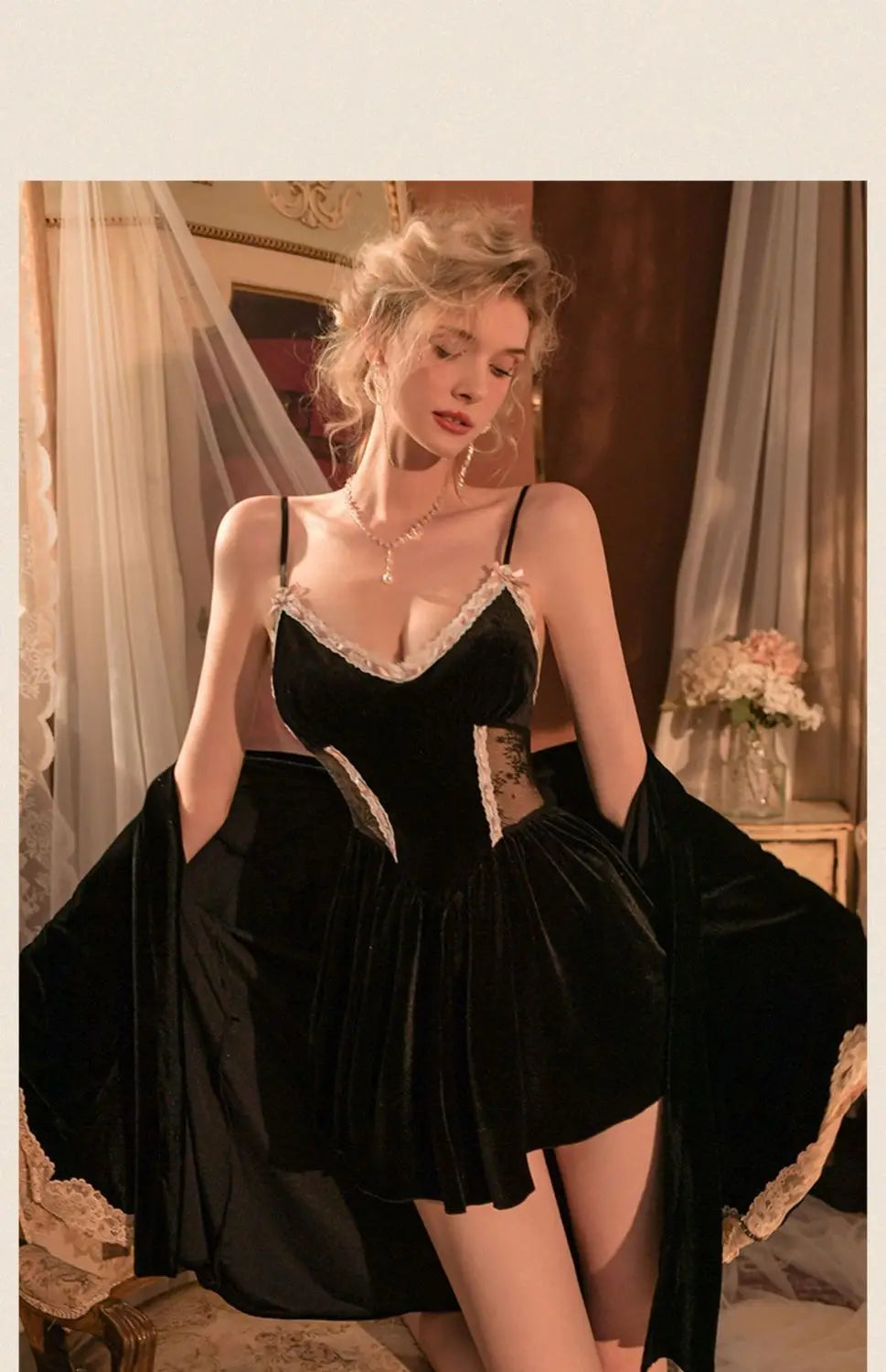 Women Robe Nightwear Lace French Nightgown Sleepwear Hollow out velvet camisole Lingerie Robe 2022 Spring Autumn Set Sexy Sweet