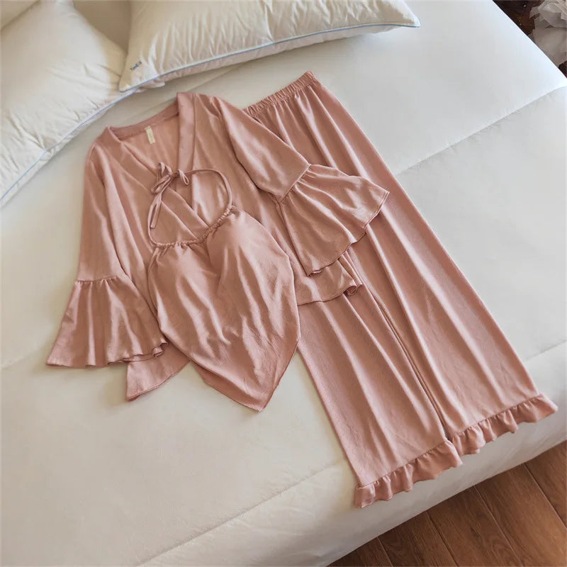 Pajama Set Woman New Chest Pad Sleepwear Ladies Night Wear Clothes Long Sleeve Trousers Suit Cotton Home Pijama De Mujer 3 Pcs