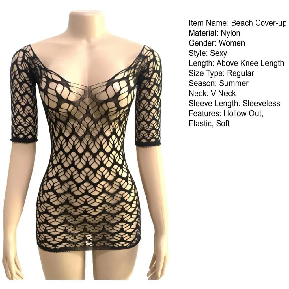 Women Swim Cover-up Swimsuit Cover Up Sexy Hollow Out Beach Cover-up Dress for Women Slim Fit V Neck Backless Bikini Mini Dress