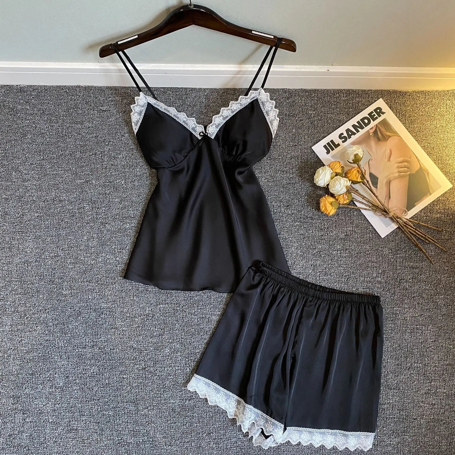 Lace Sleepwear Satin Cami&Shorts Suit Women 2 Pieces Sleep Set Sexy Deep V-Neck Nightwear Thin Home Clothes Lounge Lingerie