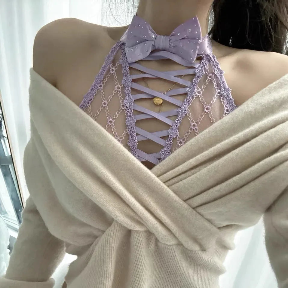 Purple Bra, Bow, Diamond-patterned, Rhinestone, Lace-up, High-neck, Off-the-neck Underwear