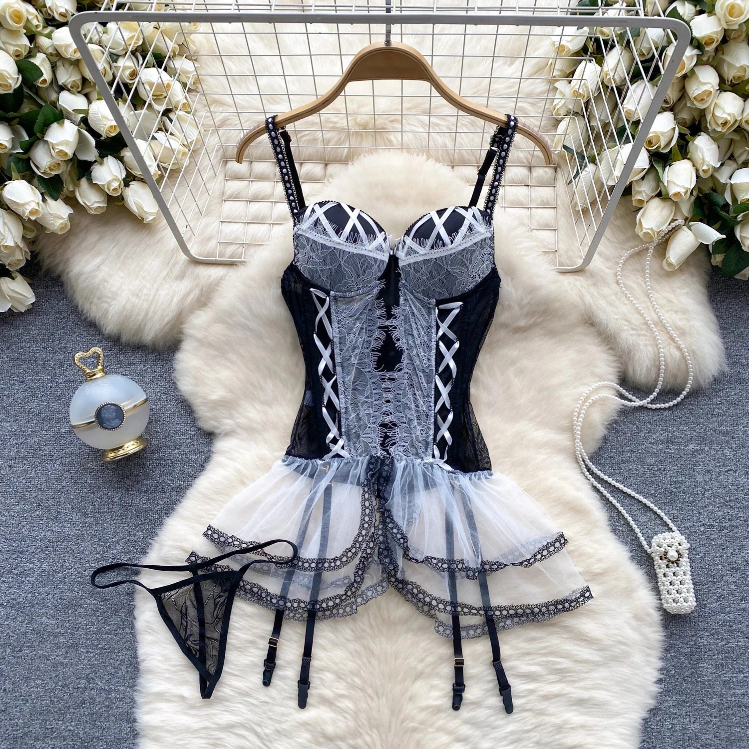 Backless Hotsweet Bow Lingerie For Women See Through Mesh Sexy Bunny Costume Lingerie Bodysuit 4 Piece Jumpsuit Spot Lace Cospla