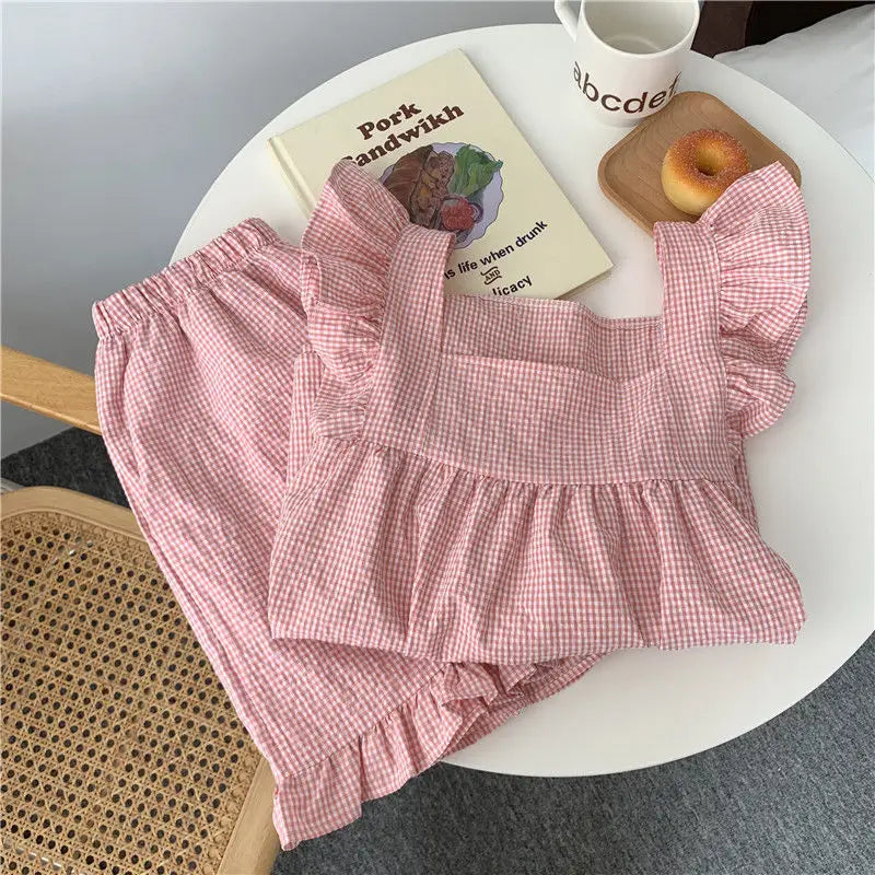 Pajama Sets Women Chic Square Collar Sweet Sleeveless All-match Home Plaid Cozy Sleepwear Korean Style Casual Summer Loose New