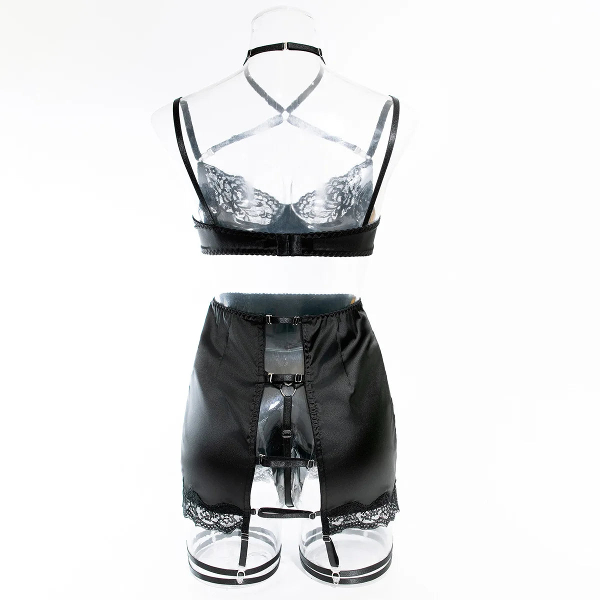 4 Pieces Sexy Lingerie Sets Women Hot Halter Lace Bra and Panty Garters Mini Skirt Set Sissy Erotic Costumes Romantic Underwear