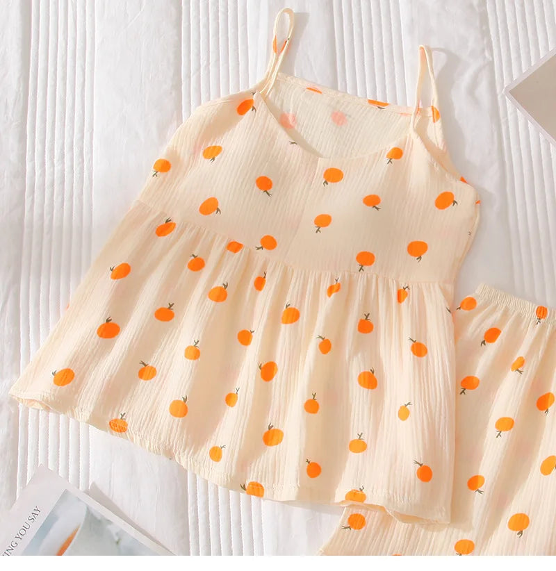 2026Women's Summer Cotton Sleepwear Sets Girl's Camisole Vest with Chest Cushion Shorts Cute Floral Two-piece Home Suit Set 2PCS