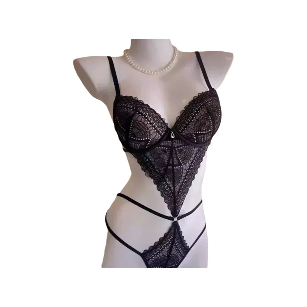 French Lingerie Set Teddy Bodysuit for Women Push Up Lace Bralette Small Bust Enhancer Shapewear Bandeau Bra