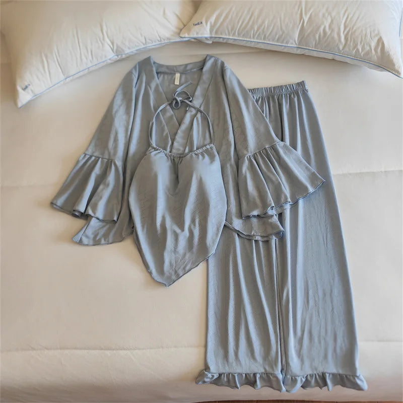 Pajama Set Woman New Chest Pad Sleepwear Ladies Night Wear Clothes Long Sleeve Trousers Suit Cotton Home Pijama De Mujer 3 Pcs