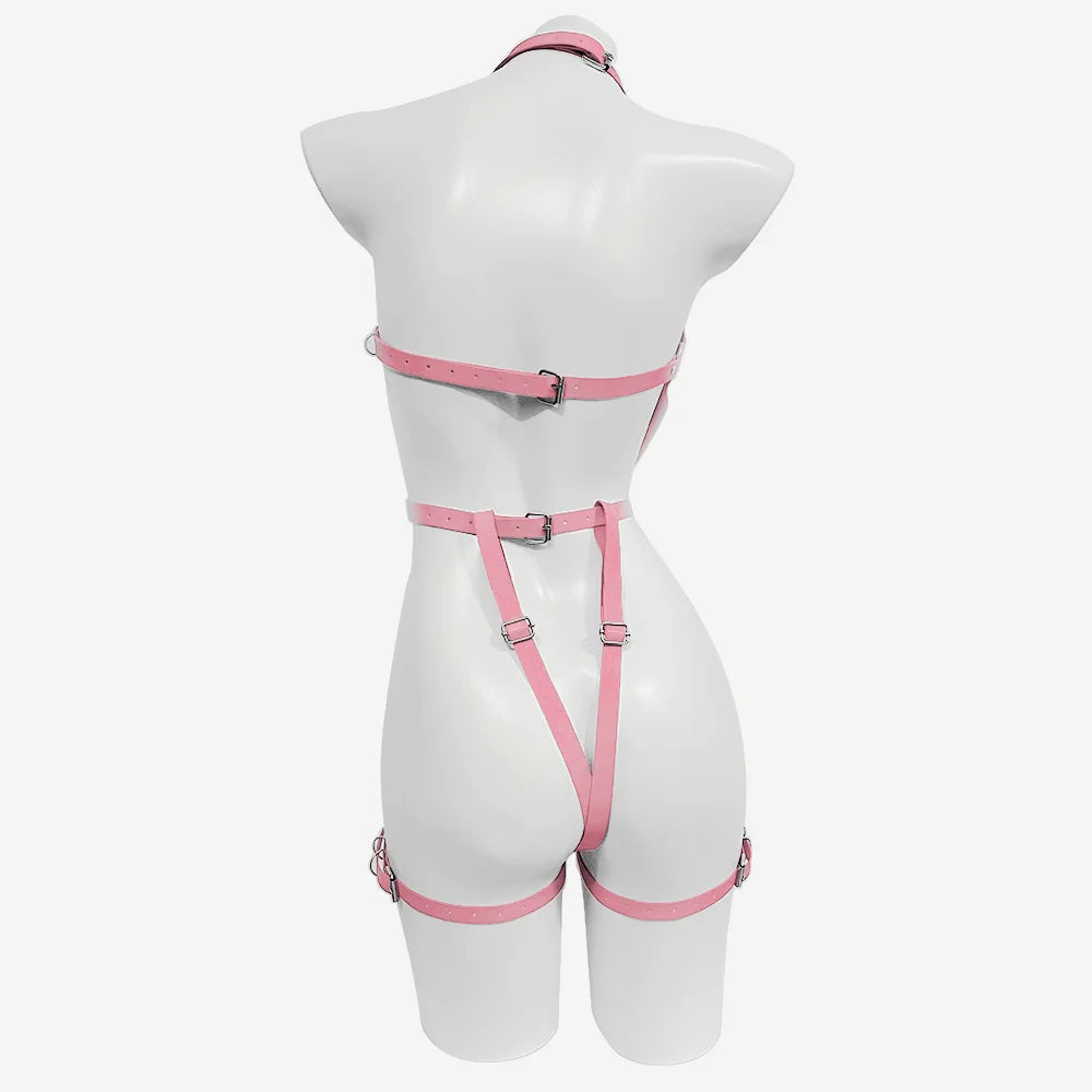 Sexy Pink Leather Lingerie Garter Harness Bondage Full Body Harness Gothic Swordbelt Adult Erotic Fetish Rave Clothing for Women