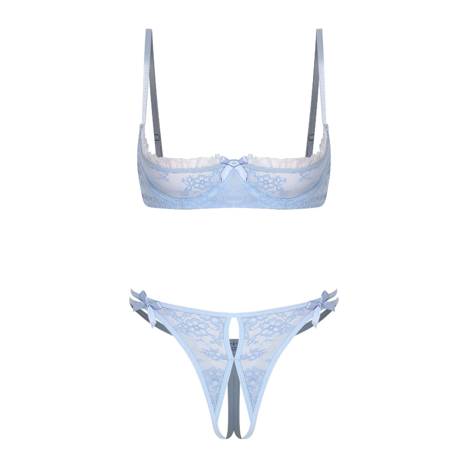 Womens Lingerie Bare Exposed Open Nipples Bra Underwear Set Floral Lace Brassiere 1/4 Cup Underwire Push-up Bralette Balconette