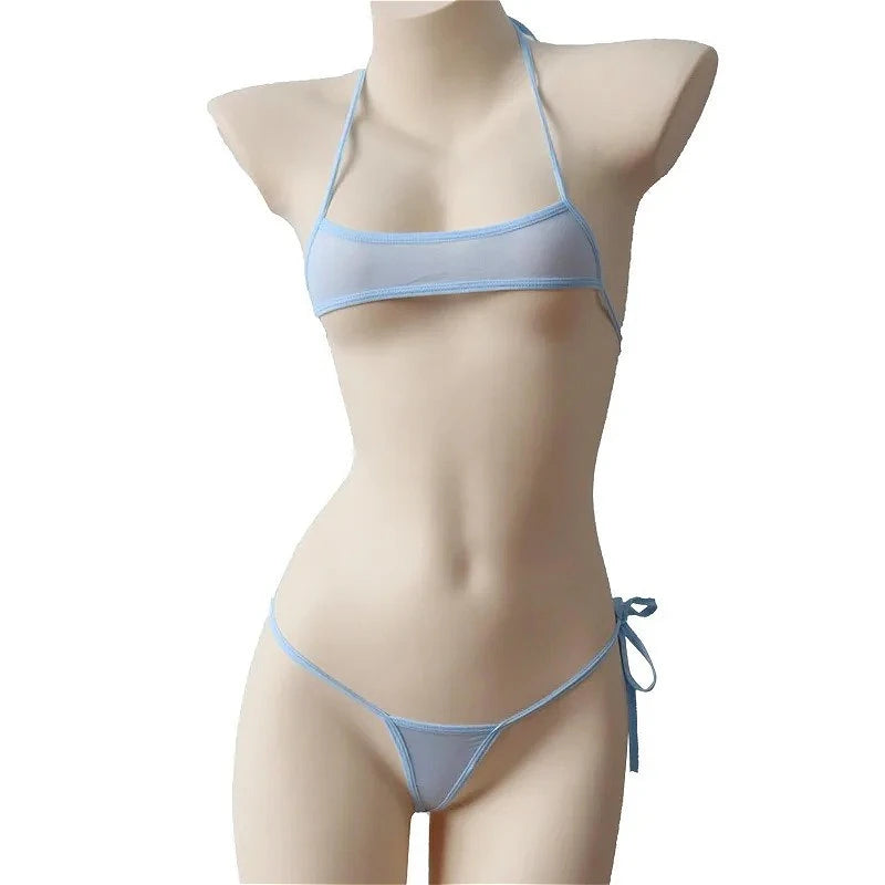 Sexy Lingerie Women's Bikini Exotic Sets Pink Tight Swimsuit T-Panties Set Thin Lace Up Transparent Bikinis Sets Spring Summer