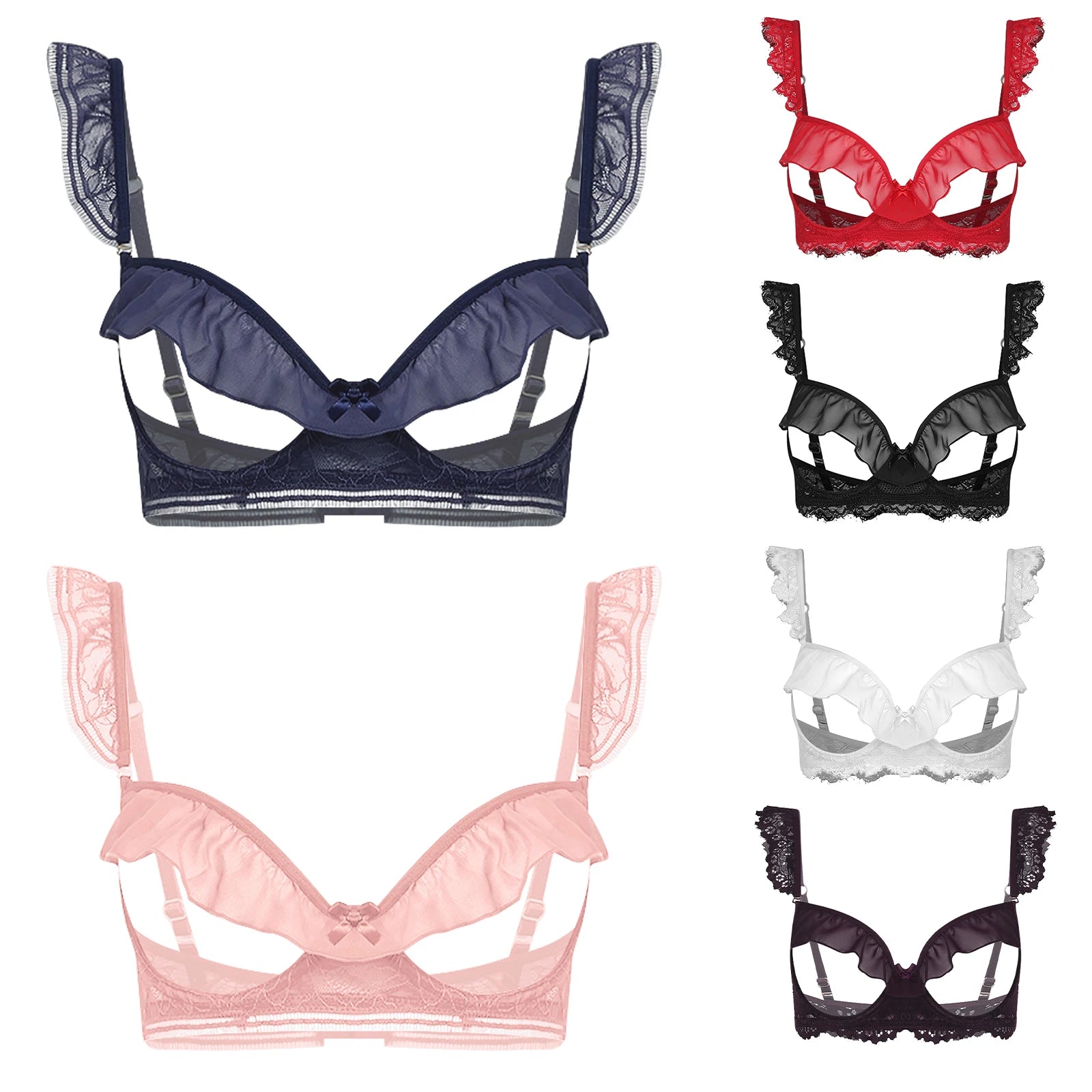 Sexy Womens Bare Breast Expose Nipples Bra Top Lingerie Cupless Ruffled Trim Push-up Underwire Eyelash Lace Balconette Bralette