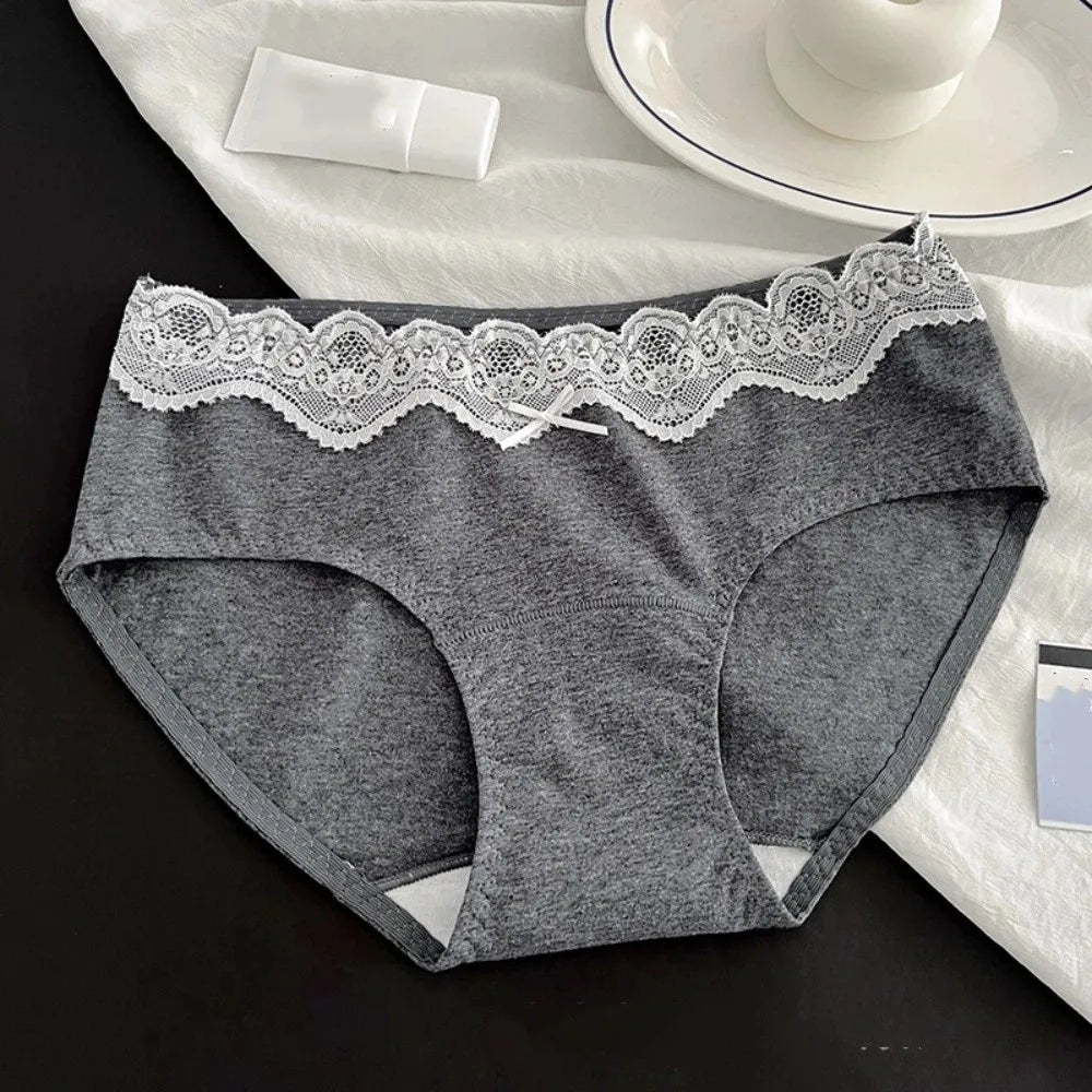 Lingerie Bow Lace Cotton Panties Transparent Seamless Underwear for Women Mid Waist Soft Floral Lace Briefs Spring Summer