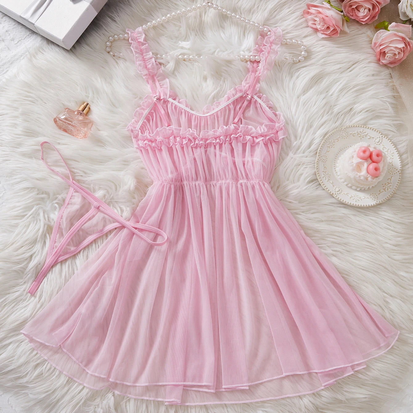 Sexy Babydoll Dress Women Lingerie See-through Sling Wedding Nightdress And T-back Set Elegant Cute Sleepwear For Date Surprise