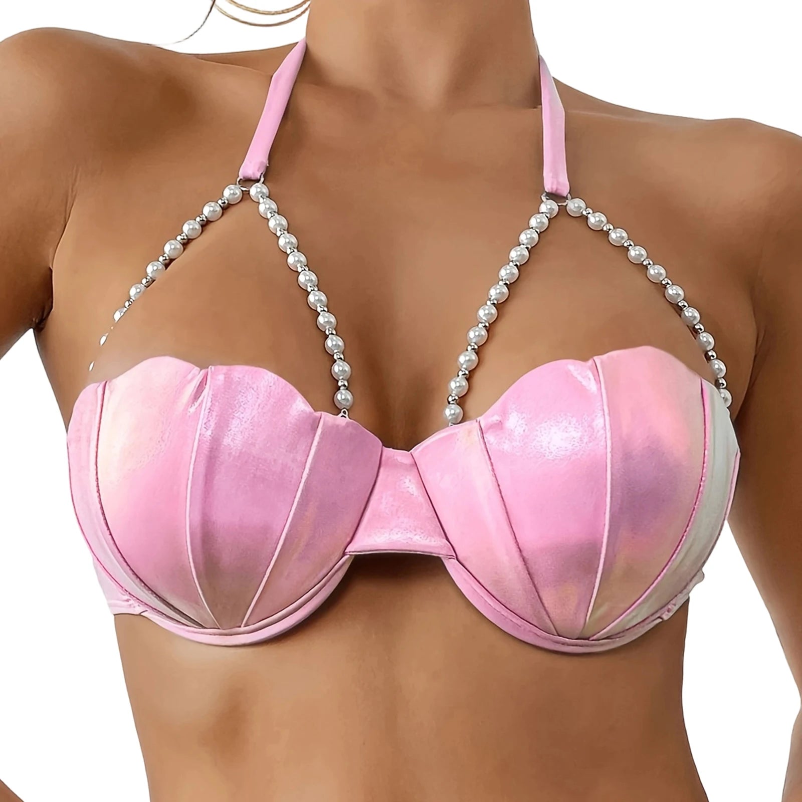 Women's Seashell Bikini Tops Sexy Halter Neck Spaghetti Straps Bathing Suit Bra with Pearl Chain