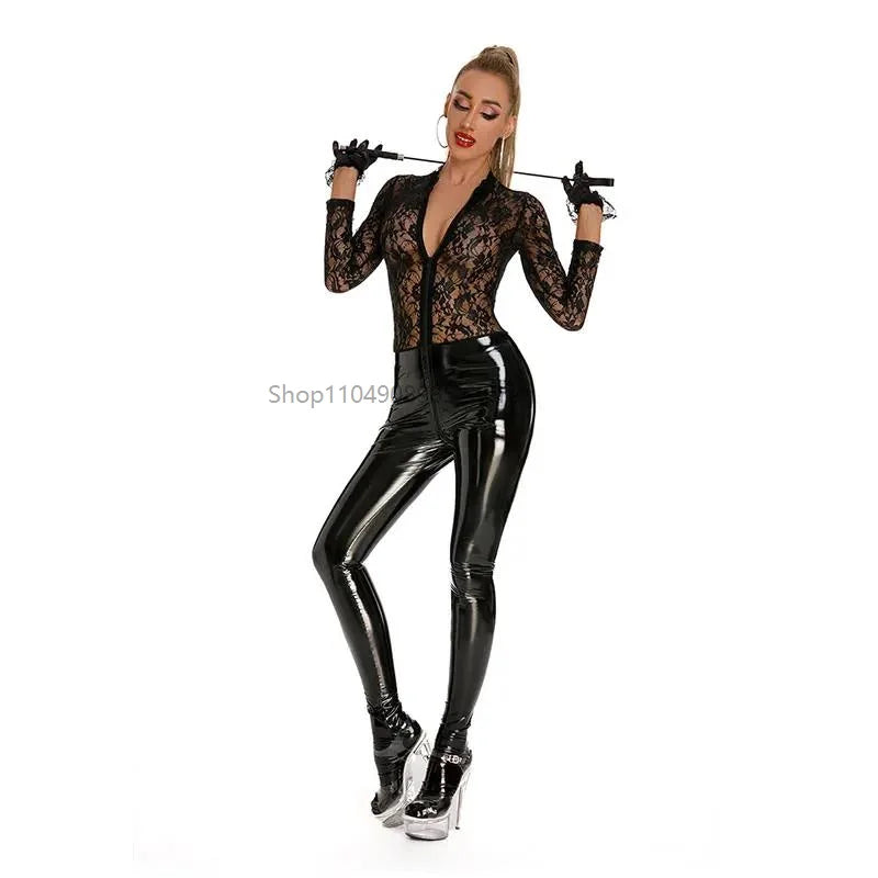 Sexy See-Through Lace Pu Bodysuit Ladies Leather Latex Catsuit Lace Splice Lingerie Underwear Jumpsuit Erotic Skinny Bodysuit