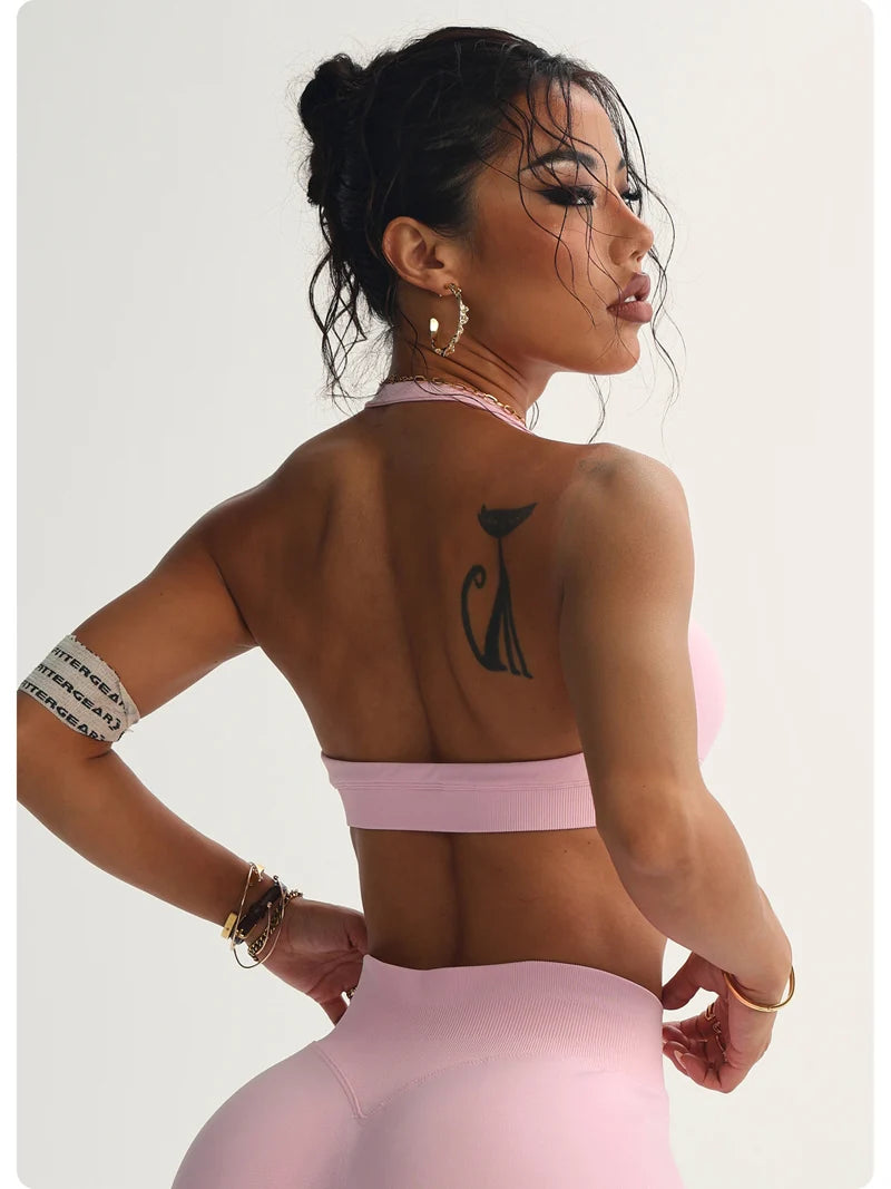 Seamless Halter Sports Bras Running Sexy Open Back Yoga Bra Padded Brassiere Sport Woman Fitness Gym Top Activewear