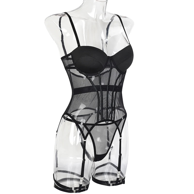 MUZISKAT Mesh  Lingerie Luxury Brand Bodysuit Backless Tops for Women 3 Piece Lingerie Set with Garter Sexydresses for Women