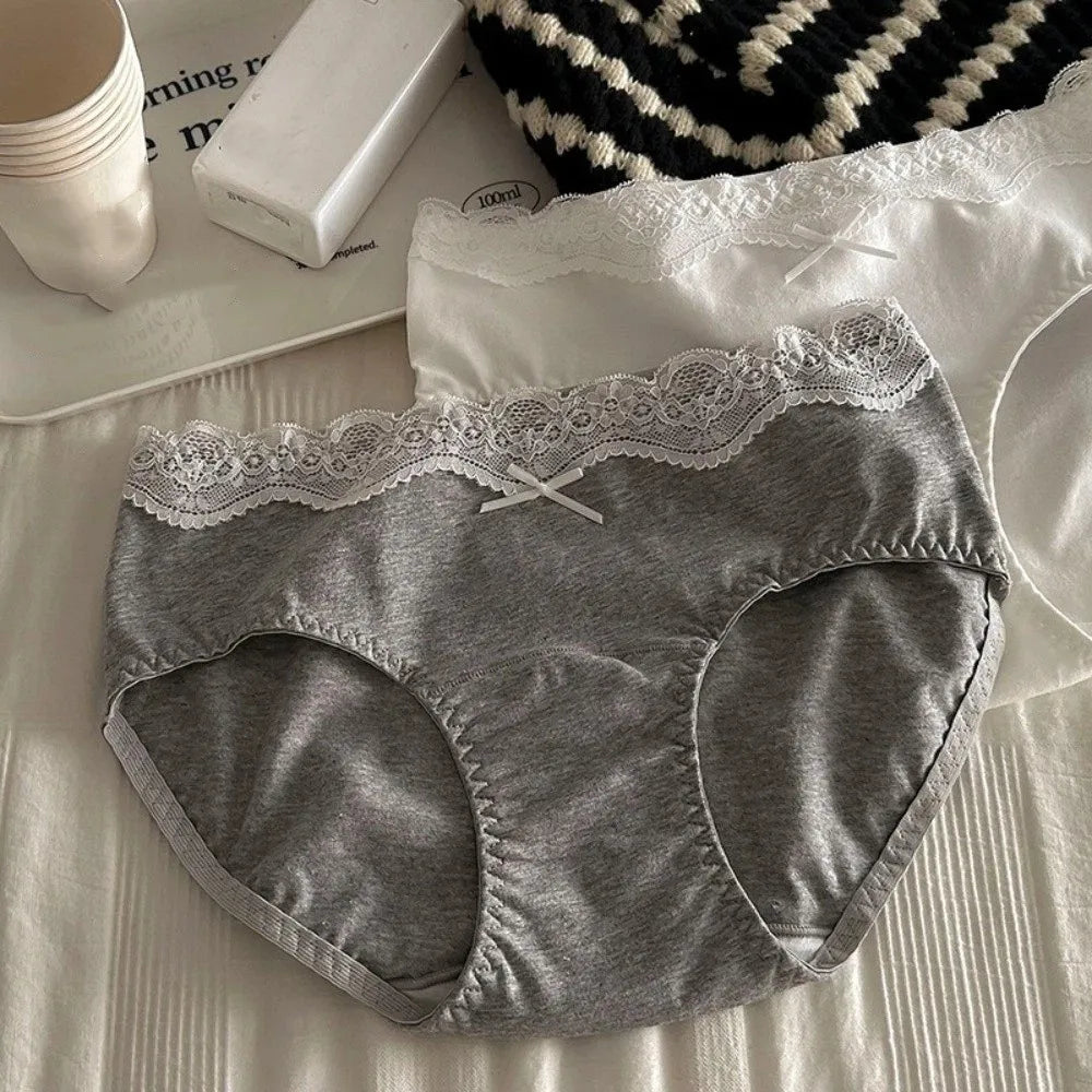 Lingerie Bow Lace Cotton Panties Transparent Seamless Underwear for Women Mid Waist Soft Floral Lace Briefs Spring Summer