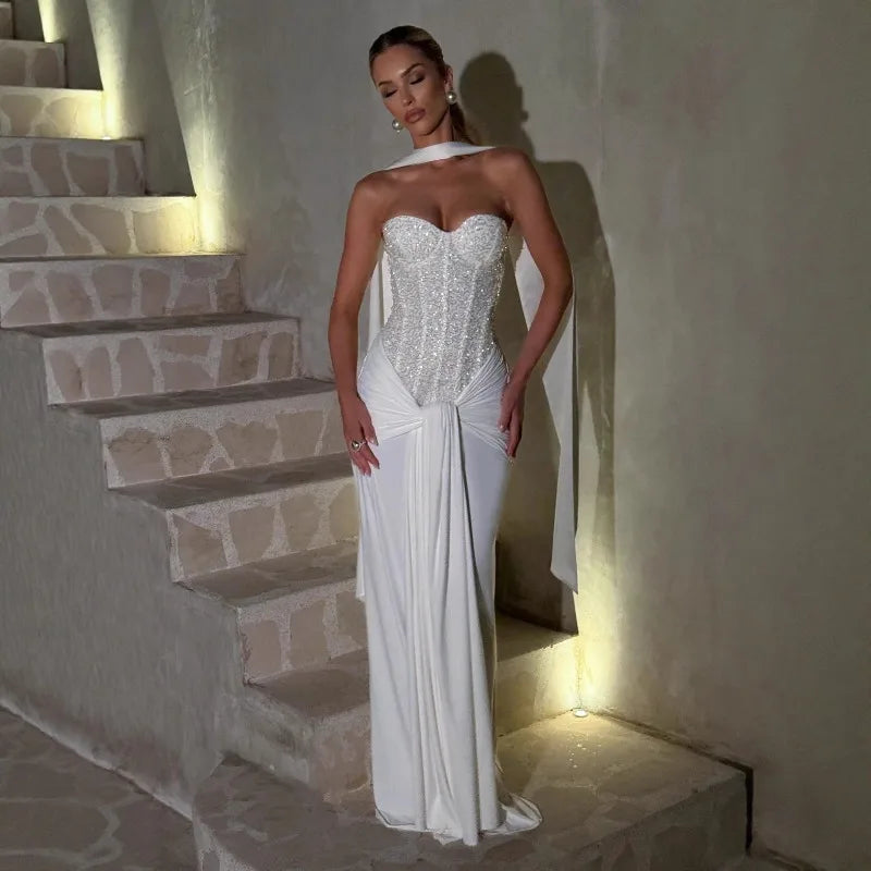 Sexy Women Sequins Party Wedding Dress Elegant Off Shoulder Slim Lace Graduation Ceremoney Mermaid Bodycon Corset Long Dress