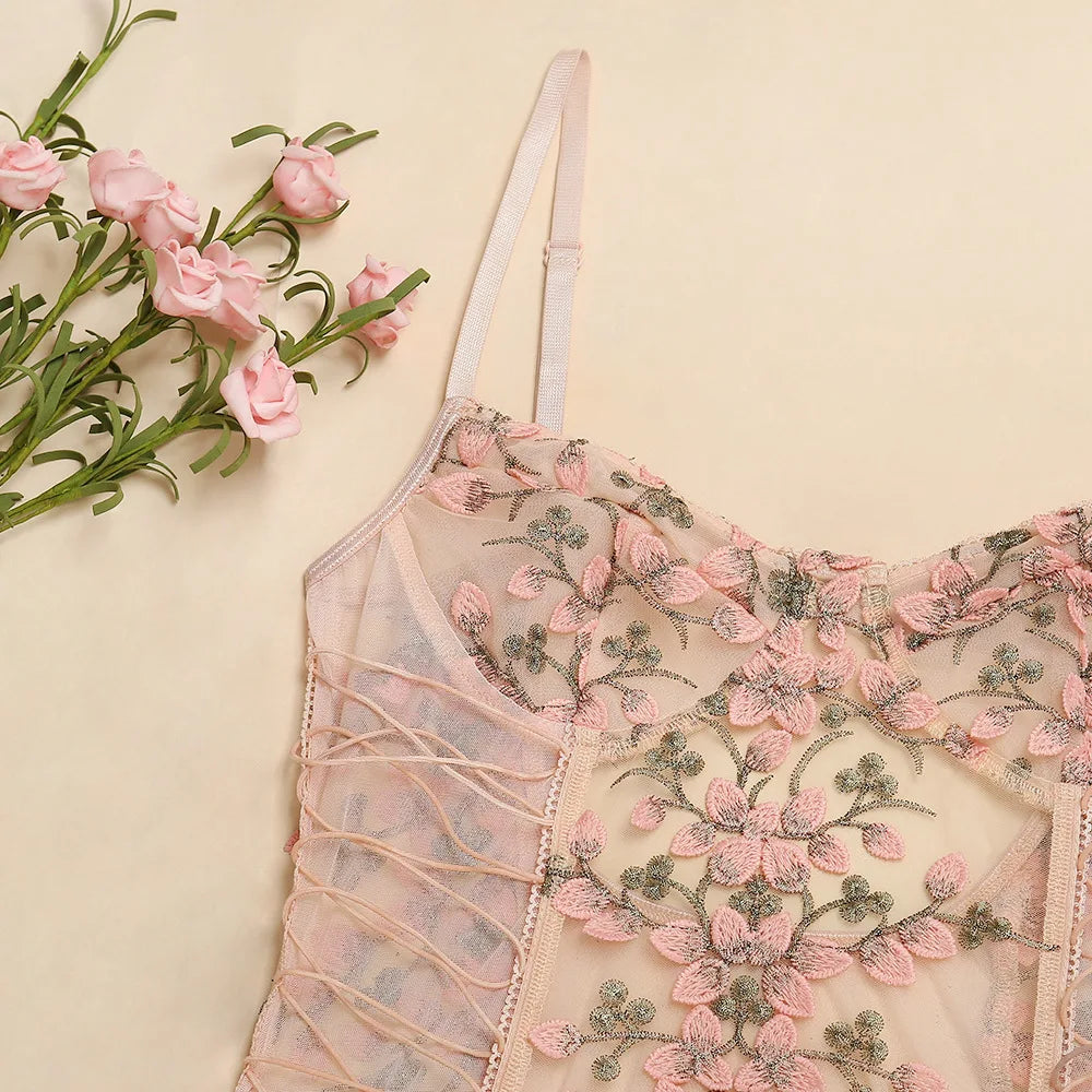 Bandage Floral Embroidery Bodysuit Women Lace Up Bandage Bodies Sexy Sleeveless Bodycon Transparent Lingerie Mesh Bodysuits Top