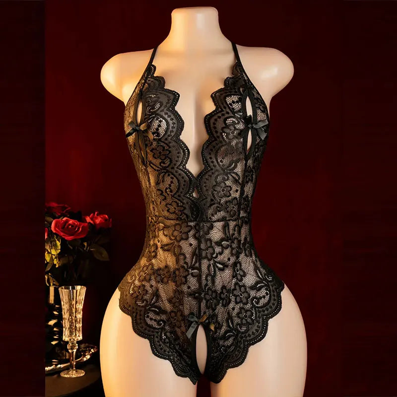 Red Hanging Neck Lingerie Adult Erotic Costume Deep V Bra Crotchless Woman Underwear Sex Night Open Dress Bodysuit Sexy Jumpsuit