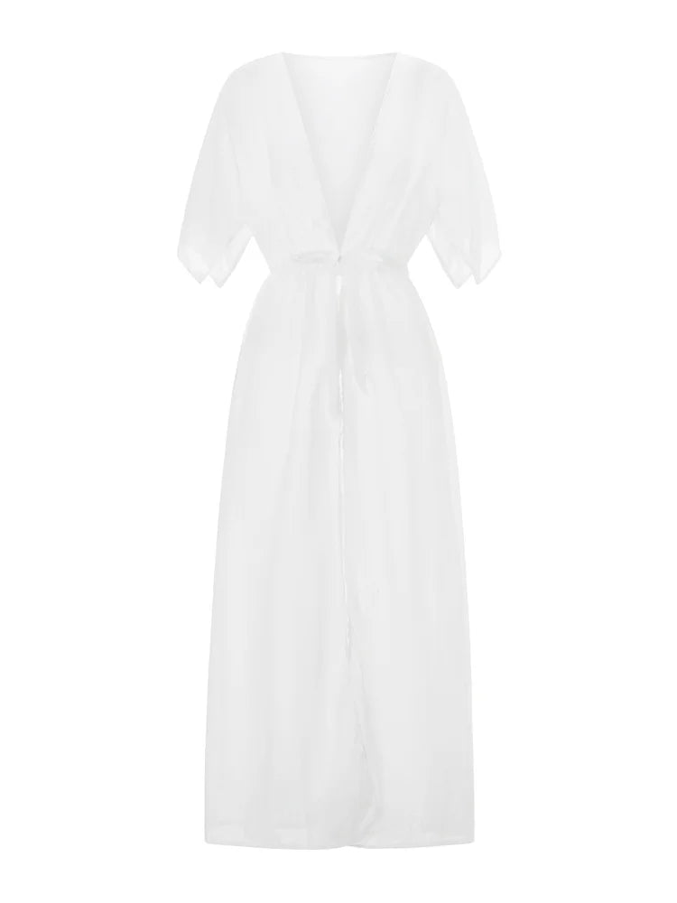 Women See Through Bikini Cover-ups Mesh Short Sleeve Cardigan Beach Dress Summer Sexy Swimwear Cover Ups