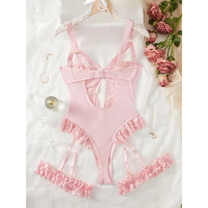 Lingerie Sexy Hot Sensual Bodysuits Sexy Lace Bra Set for Women Cut Out Strappy Bra and Panties Garter Choker Erotic Costumes