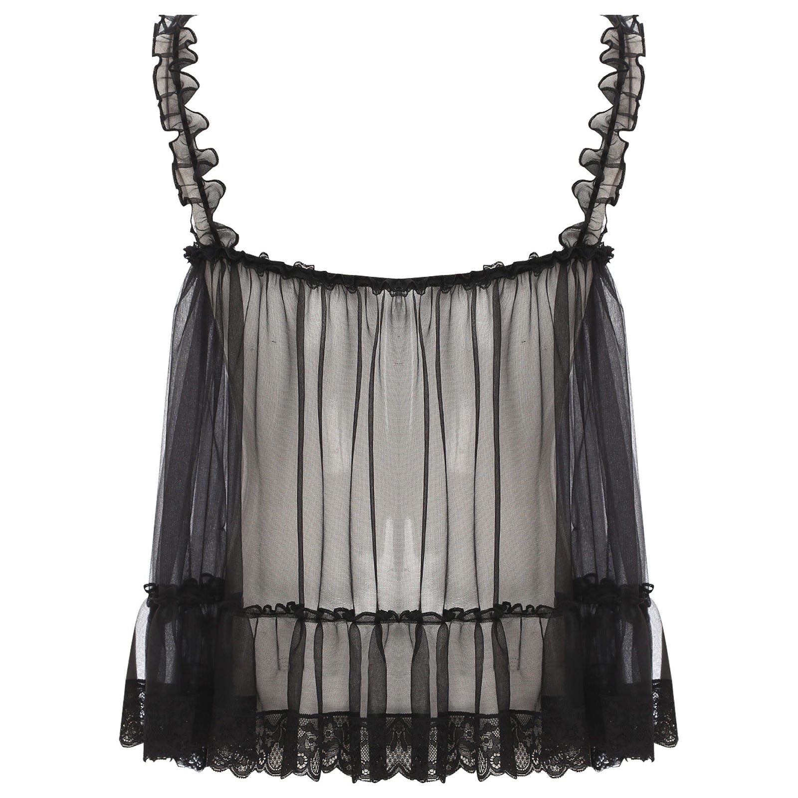 Womens Sexy See-Through Babydolls Sheer Mesh Top Ruffle Straps Bow Lace Trim Camisole Tops Lingerie Tempting Nightwear Clubwear