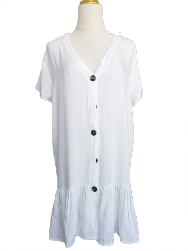 SUNFORYOU Cover-ups  Tunic For Beach Button Rayon V neck Beach Shirt Swimsuit Cover Up Vestido Sarong Beachwear Women Pareo
