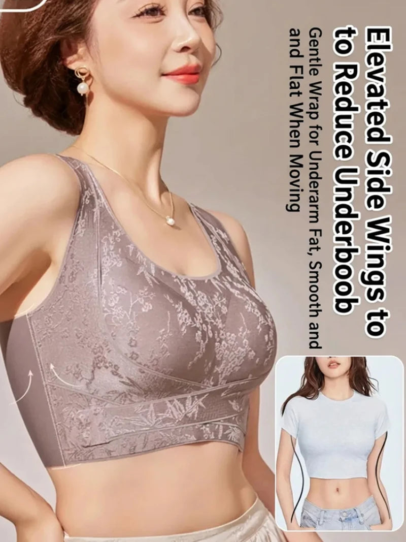 Embossed Floral Tank Bra Women’s Seamless Wirefree Bra Side Buckle Push Up Anti-Sag Comfort Everyday Underwear