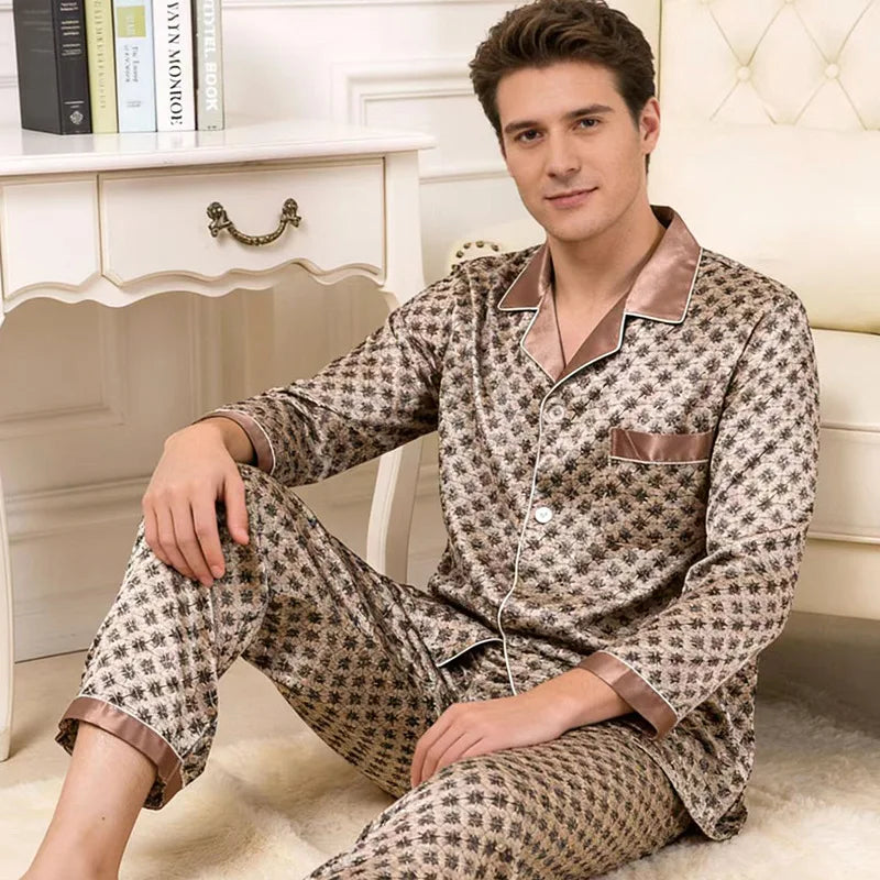 2PCS Men's Geometric Print Pajama Set Loungewear Spring New Thin Polyester Ice Silk Sleepwear Plus Size Homewear Pijamas Suit