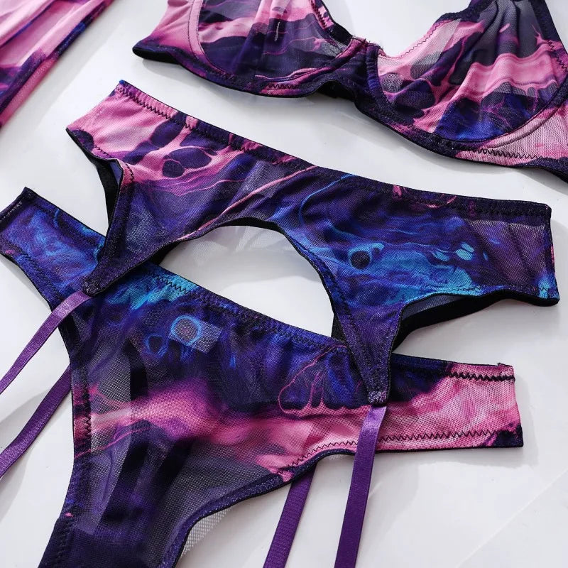 5 Pieces Lingerie Set Women Nightwear tie-dye Printed Halloween Underwear Bras Panties Golves Stocking Erotic Laungerie Set