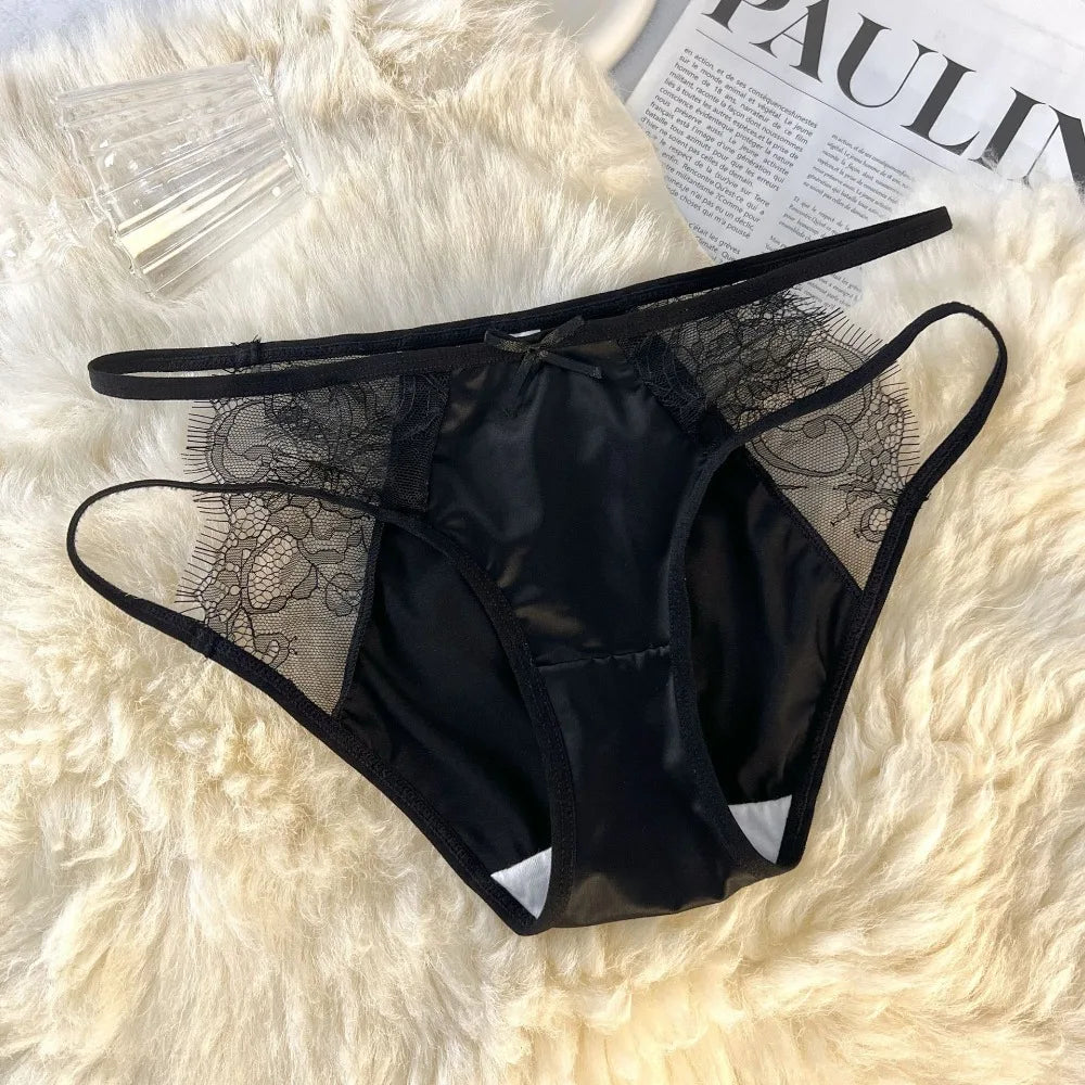 Lingerie Low Waist Underwear for Women Bow Transparent Sweet Lace Panties Hollow Mesh Satin Silk Briefs Girl