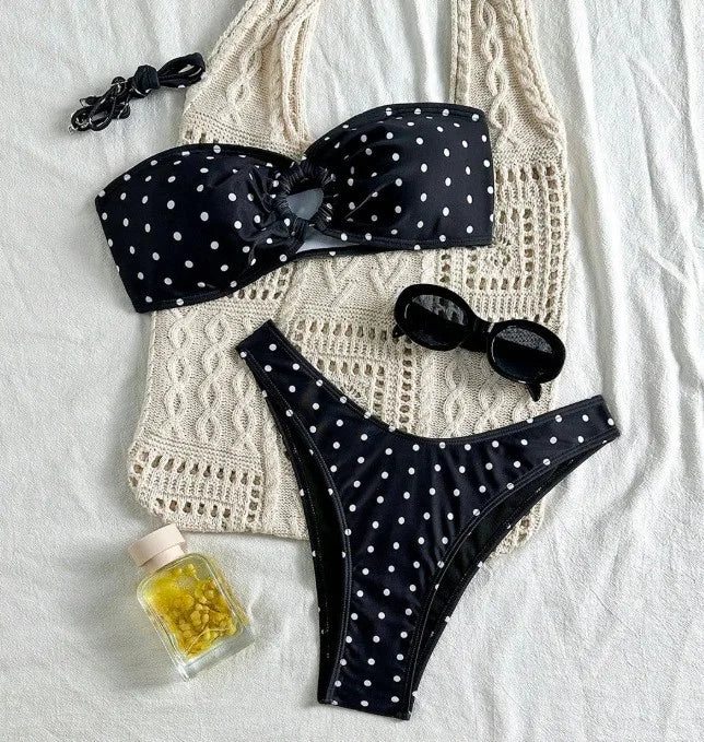 2026 Bikini Woman 2025 Swimsuit Women Printed Bikinis Black Bandeau Top Thong Bottom Swimwear Polka Dot Two Piece High Cut