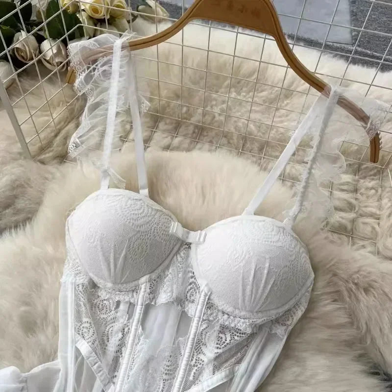 Sexy Lingerie Lace Gauze Elasticity Corset with Chest Pad Straps Belt Underwear Lace Up Body Bustier Overbust Breathable Tops