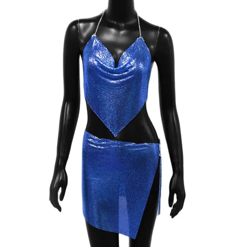 Sexy Metal Sequins 2 Piece Set Women Sleeveless Deep V Neck Backless Halter Tank Tops Split Mini Skirts Beach Party Outfits