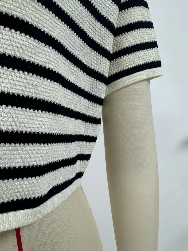 white black stripes short sleeve blouse for women turn-down collar V-neck cropped summer bikini tops hot girl boho beach tops