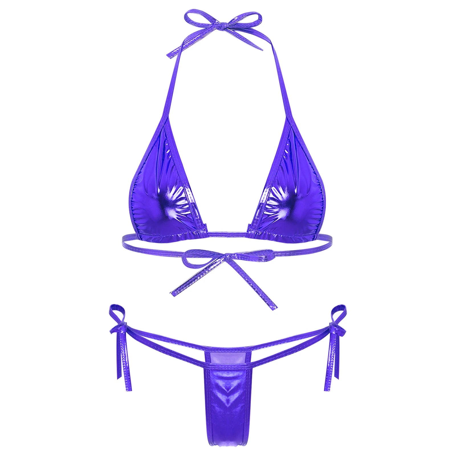 Womens Brazilian Micro Bikini Swimsuit Metallic Shiny Lacing Non-Padded Triangle Cup Bra Top with G-String Swimwear Biquini Set