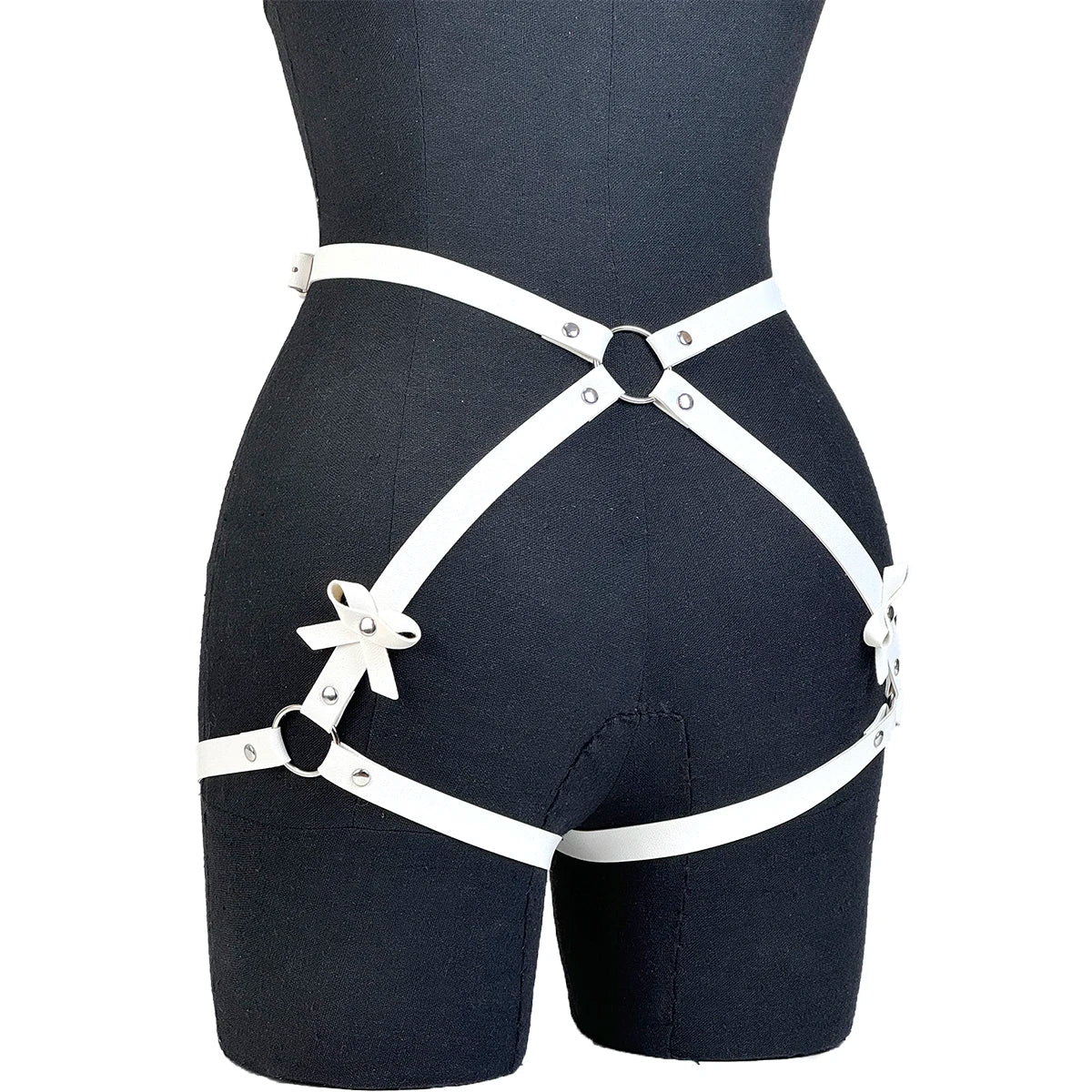 Women PU Leather Decor Harness Sexy Bow Bondage Suspender Erotic Lingerie Thigh Garter Belt Adjustable Waist Accessories