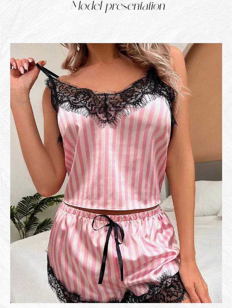 Sexy Women Striped Pajama Set Cami Top and Shorts Set with Lace Trim Sleepwear Loungewear  Nightwear Fashion Pink Plus Size
