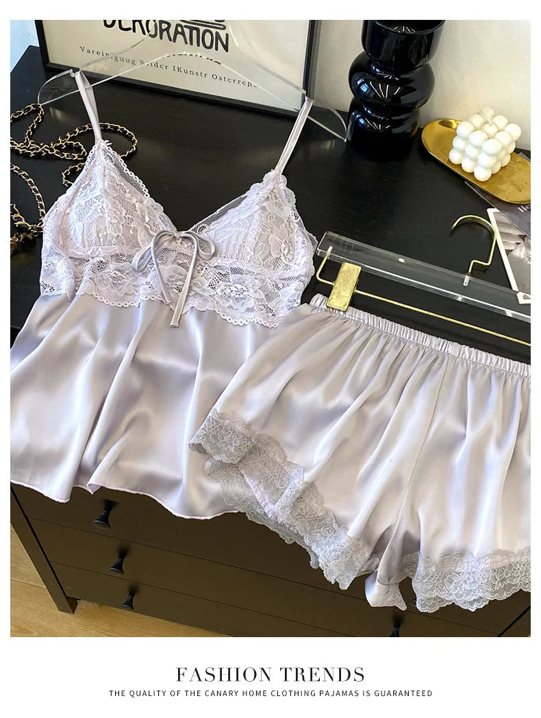 Sexy Intimate Lingerie Pajamas Set Hollow Out Lace Cami Shorts Pijamas Suit Spring Summer New Sleepwear Home Clothes Loungewear