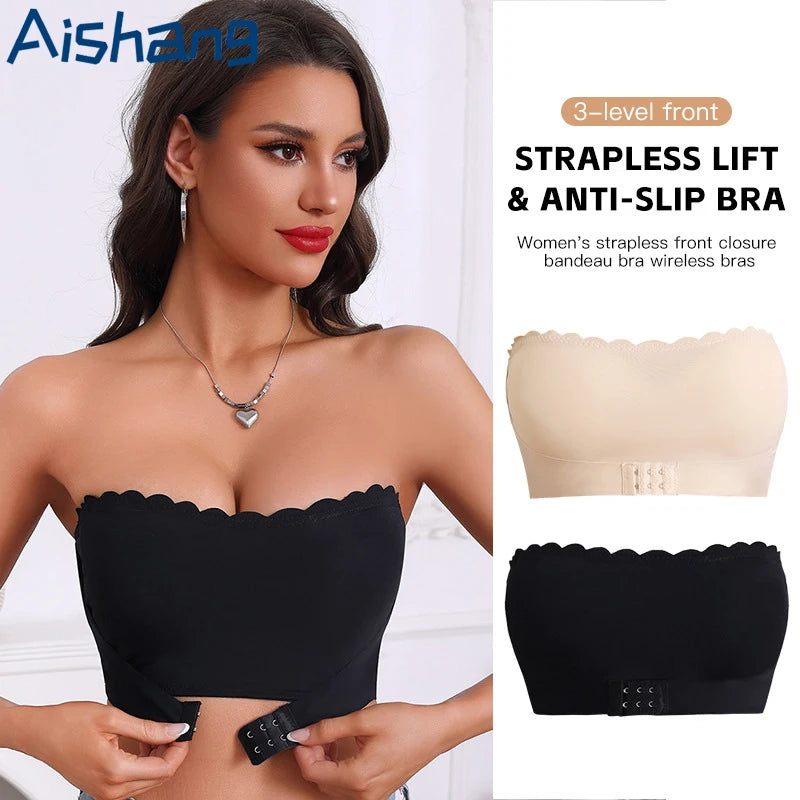 Women's Strapless Front Closure Bra Wireless Bandeau Non-slip Underwear Wavy Edge Chest Wraps Padded Push Up Tube Top Bralette