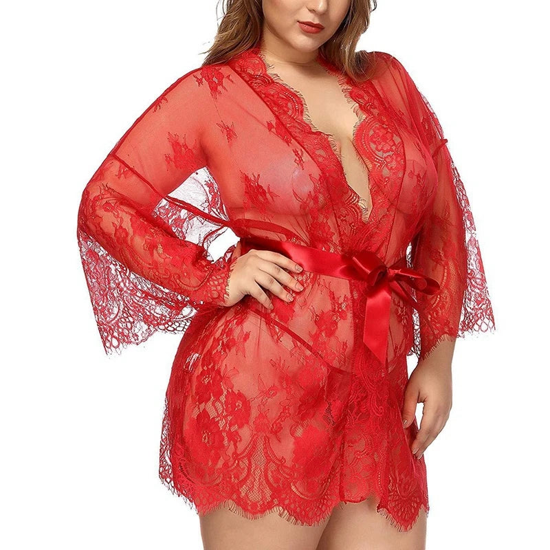 Sexy Women Lingerie Lace Night Dress Sleepwear Nightgown Bandage Deep V G-String See Through Sexy Sheer Sleep Dress Robe