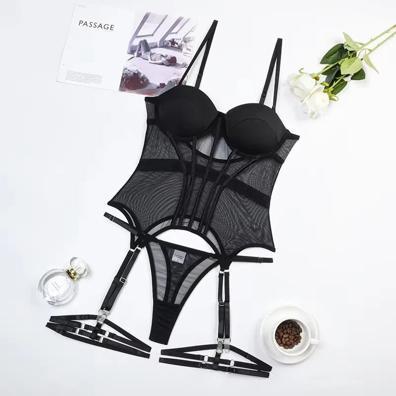 MUZISKAT Mesh  Lingerie Luxury Brand Bodysuit Backless Tops for Women 3 Piece Lingerie Set with Garter Sexydresses for Women