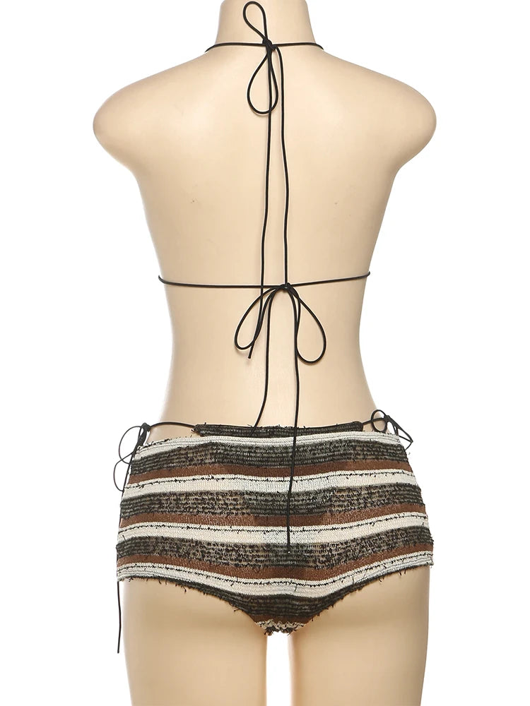 kliou Stripe Bandage 3 Piece Set Women Summer Swim Outfits Halter Cleavage V-neck Bikini Tops+Underwears+Pleated Skinny Shorts