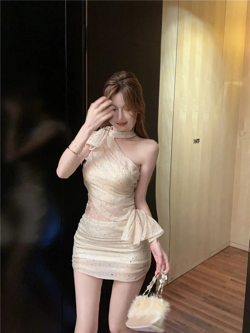 Sexy Sweet And Spicy Shoulder Bared Neckline Sleeveless Dress with Mesh See through Sparkling Sequin Splice Bodycon Short Skirt