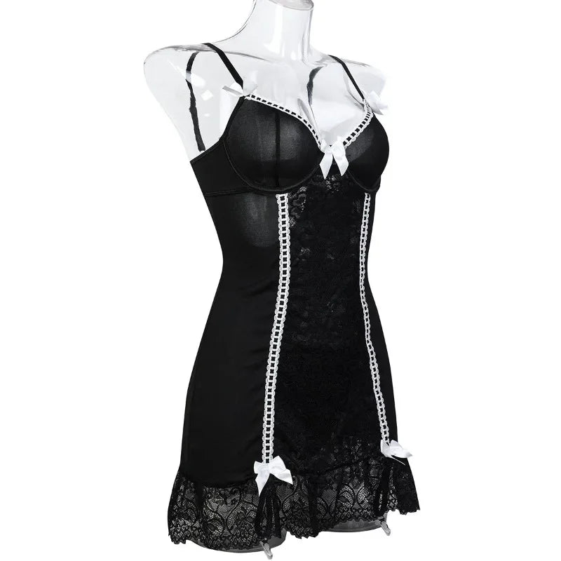 Floral Lace Babydolls Hot Sexy Lingerie Sets Women Transparent Embroidery Bow Exotic Chemises Night Dress with Thong Sex Outfit